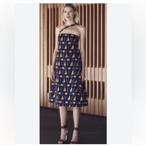 blue scanlan theodore dress Virlen Women's Long Sleeve Tie-neck Printed Midi Dress, Navy main image 0